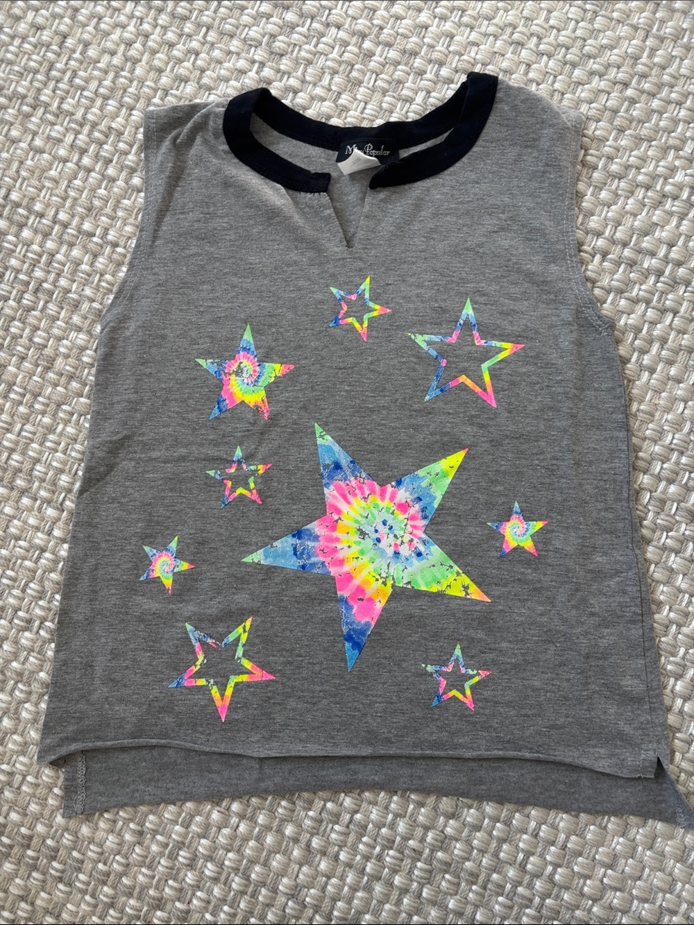 Miss Popular Gray Tank Top with Neon Tie-Dye Stars